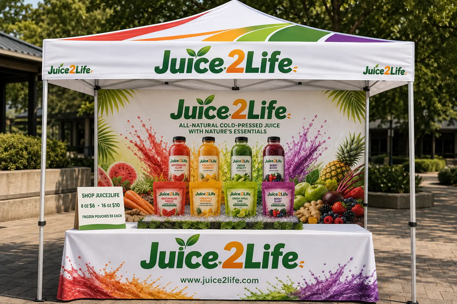 Juice2Life pop-up booth at an outdoor market with cold-pressed juices and frozen pouches