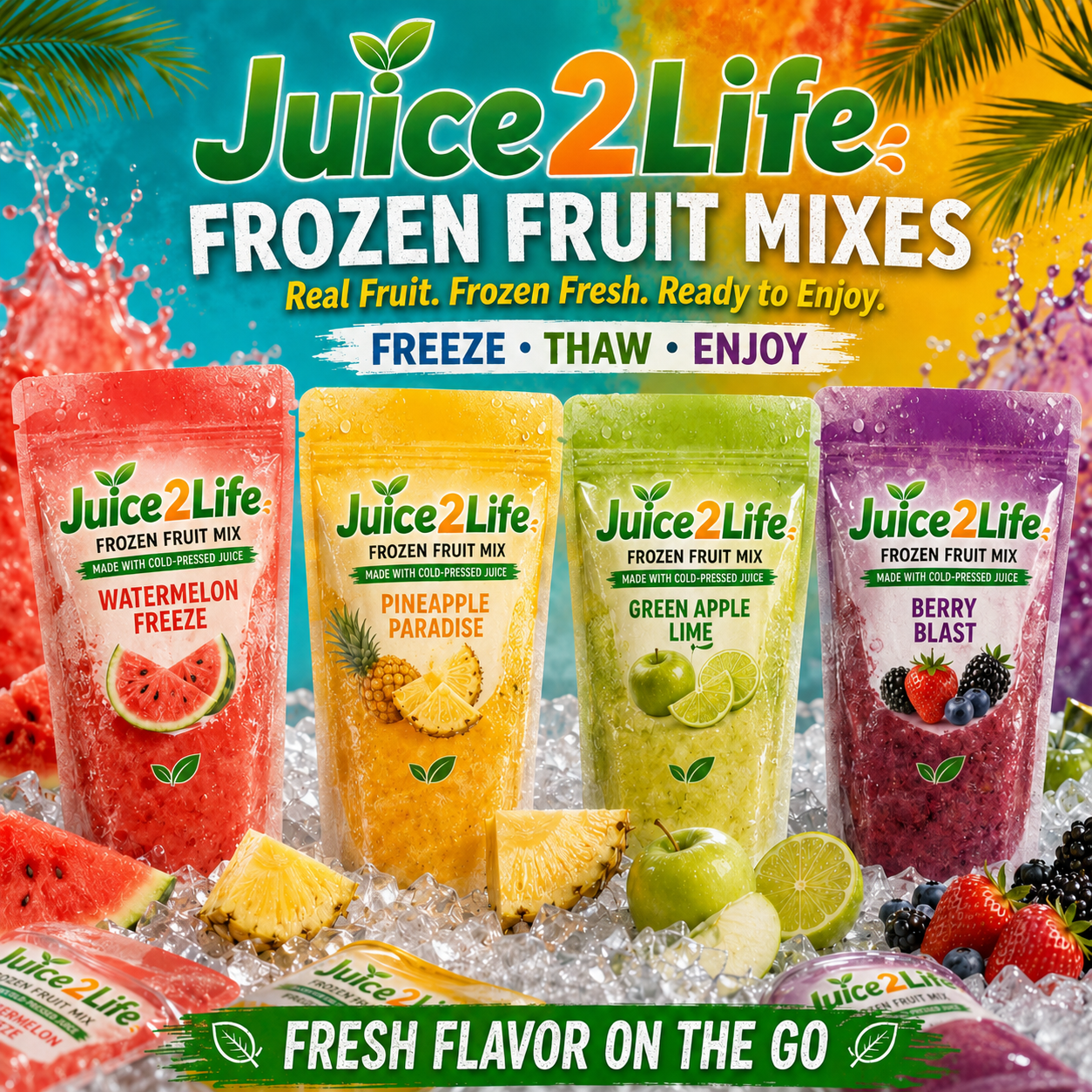Juice2Life frozen fruit mix pouches on ice with fresh fruit